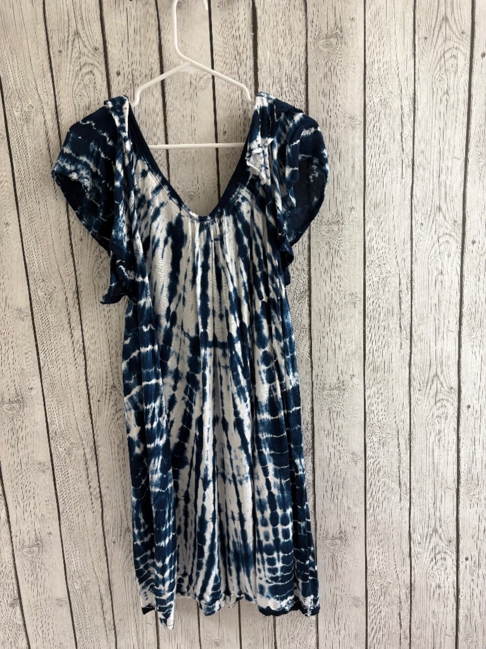 Y.O.A Blue Tie Dye Boho Dress One Size Rayon Flowy Flutter Sleeve